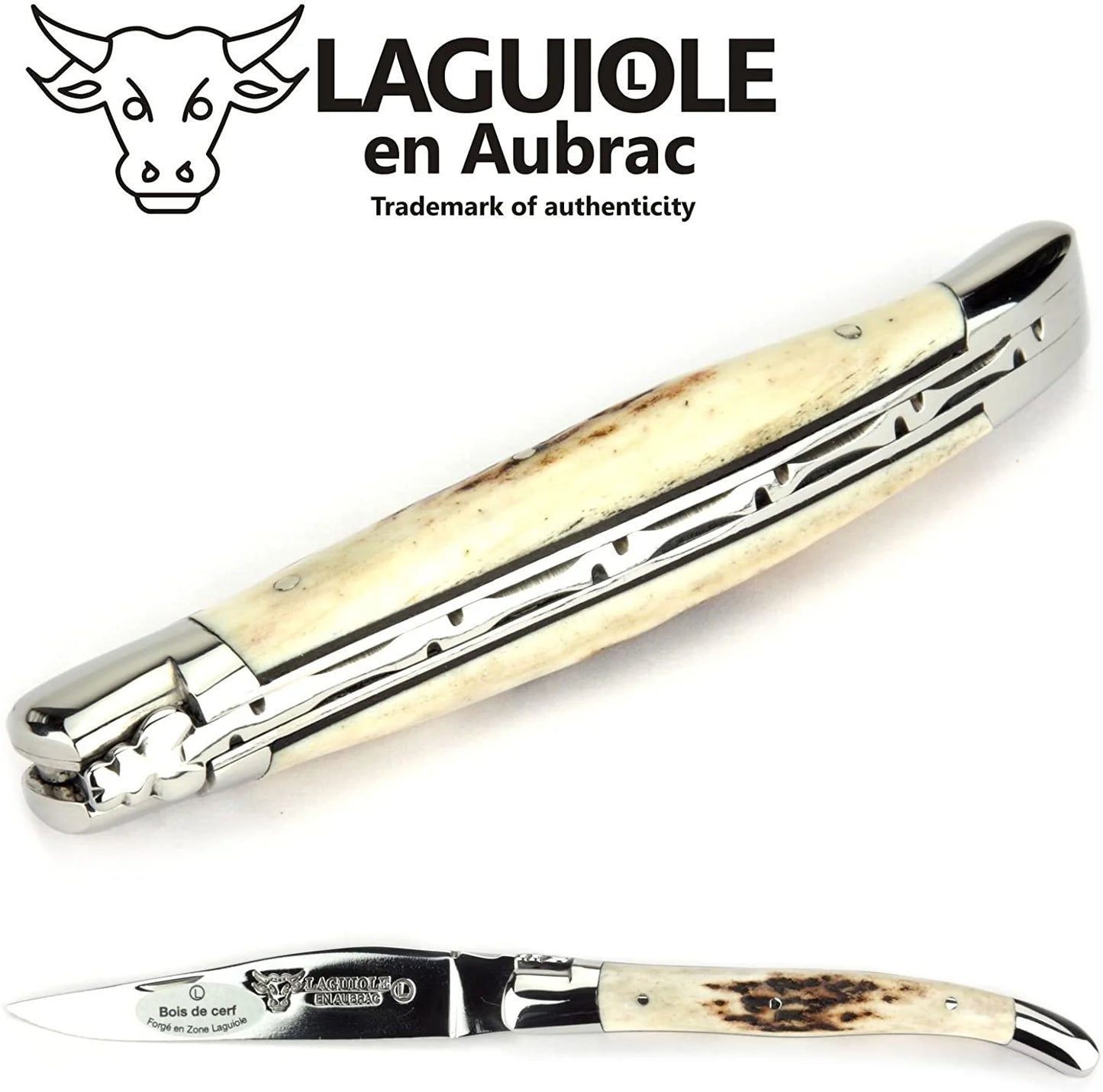 Laguiole en Aubrac coltello serramanico in corno di cervo lucido 12 cm L0212BCI/FSI1