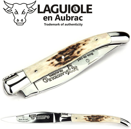 Laguiole en Aubrac coltello serramanico in corno di cervo lucido 12 cm L0212BCI/FSI1