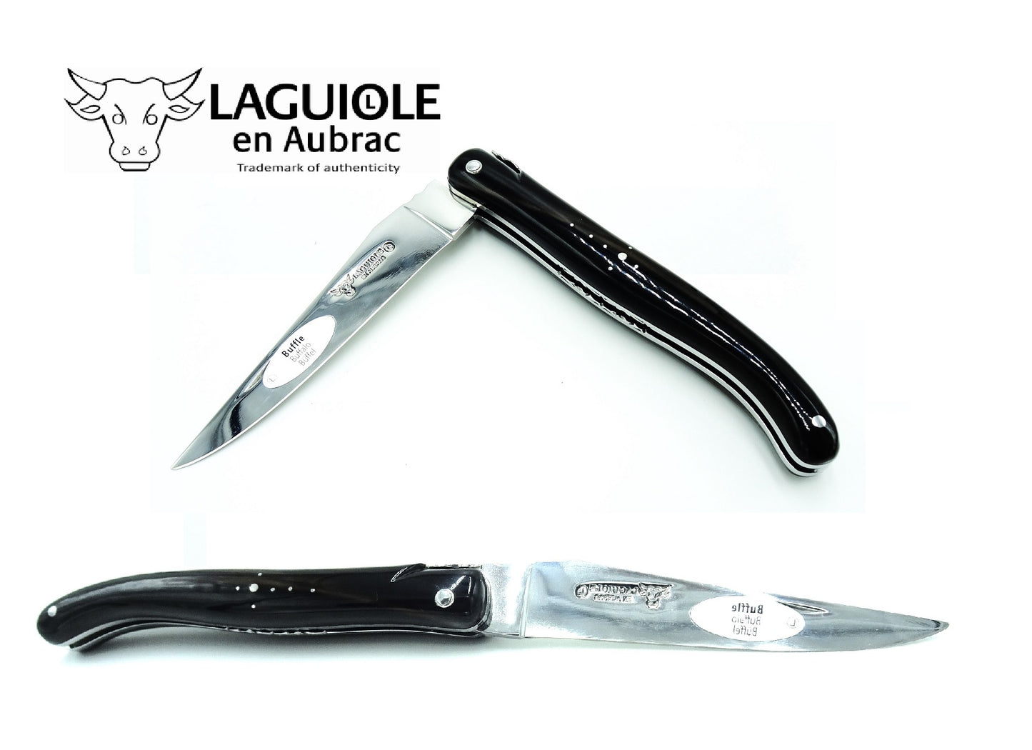 Laguiole Coltello 12 cm manico pieno punta corno doppia placcatura molla a spirale