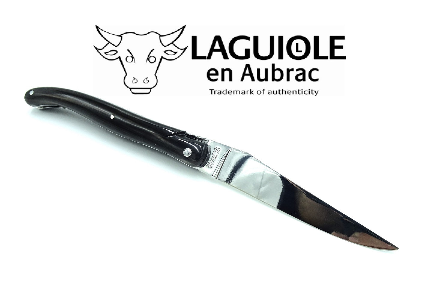 Laguiole Coltello 12 cm manico pieno punta corno doppia placcatura molla a spirale