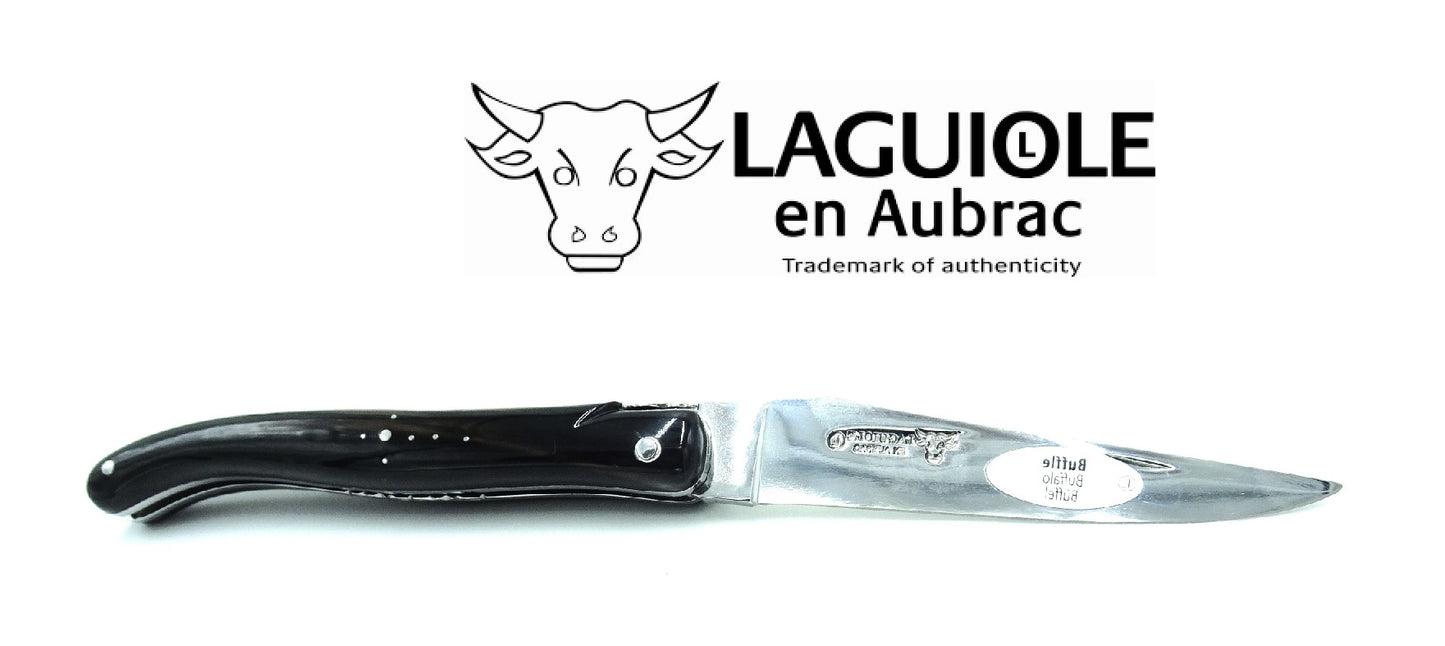 Laguiole Coltello 12 cm manico pieno punta corno doppia placcatura molla a spirale