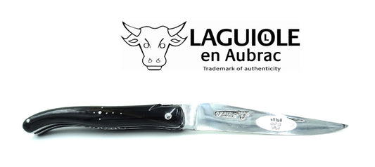 Laguiole Coltello 12 cm manico pieno punta corno doppia placcatura molla a spirale