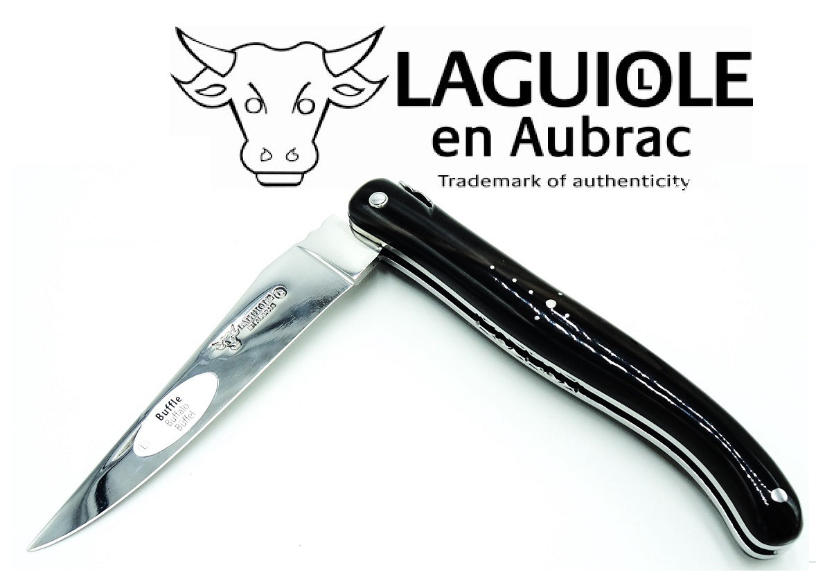 Laguiole Coltello 12 cm manico pieno punta corno doppia placcatura molla a spirale
