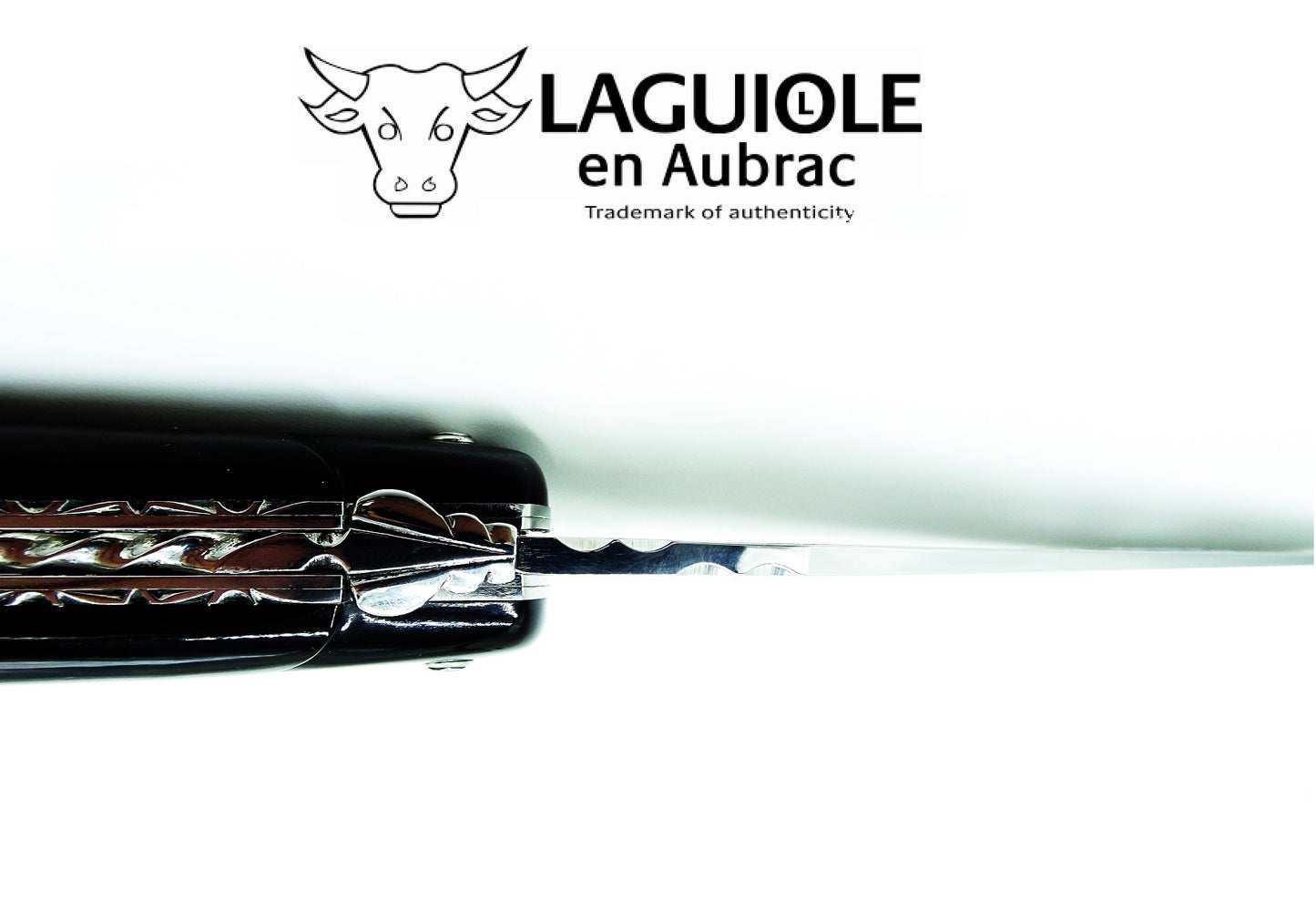 Laguiole Coltello 12 cm manico pieno punta corno doppia placcatura molla a spirale