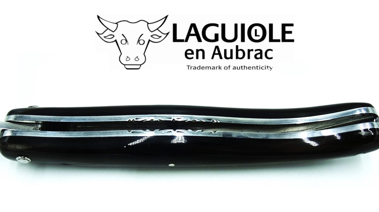 Laguiole Coltello 12 cm manico pieno punta corno doppia placcatura molla a spirale