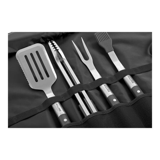 Zwilling Set barbecue professionale con 5 utensili per grill, spatola, pinze, forchetta per carne, spazzola e custodia.
