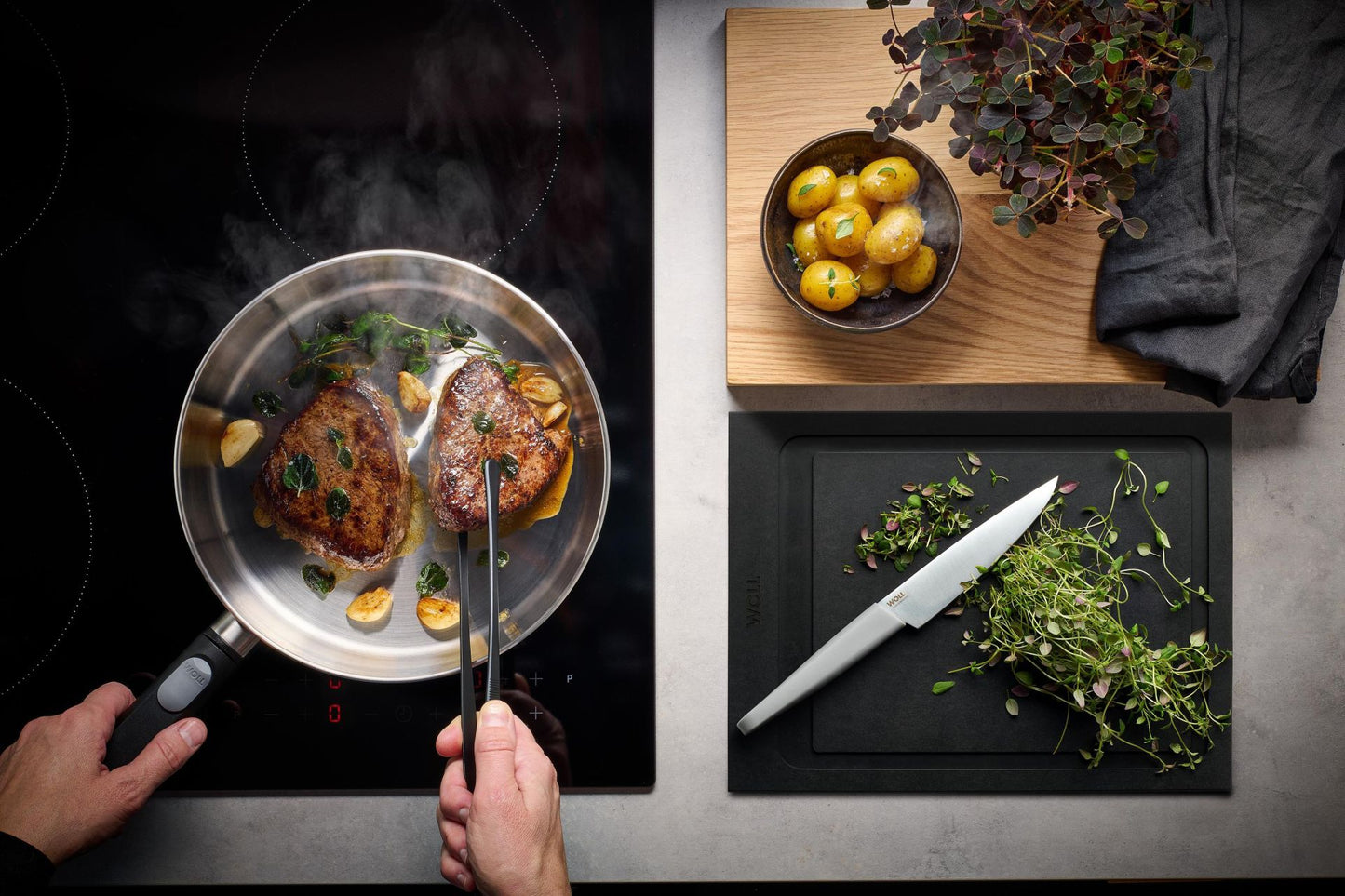 Woll Logic Steel Padella bassa Ø 24 senza PFAS acciaio inox 18/10 manico rimovibile salva spazio