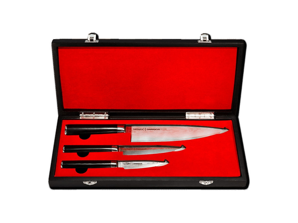 Samura set di 3 coltelli Damascati da: cuoco 20 cm, filettare 12 cm, spelucchino 9 cm in confezione regalo sd-0220