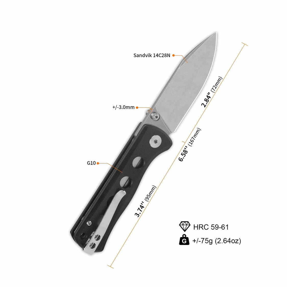 QSP coltello serramanico lama 72 cm in acciaio 14C28N manico G10 QS150-A1