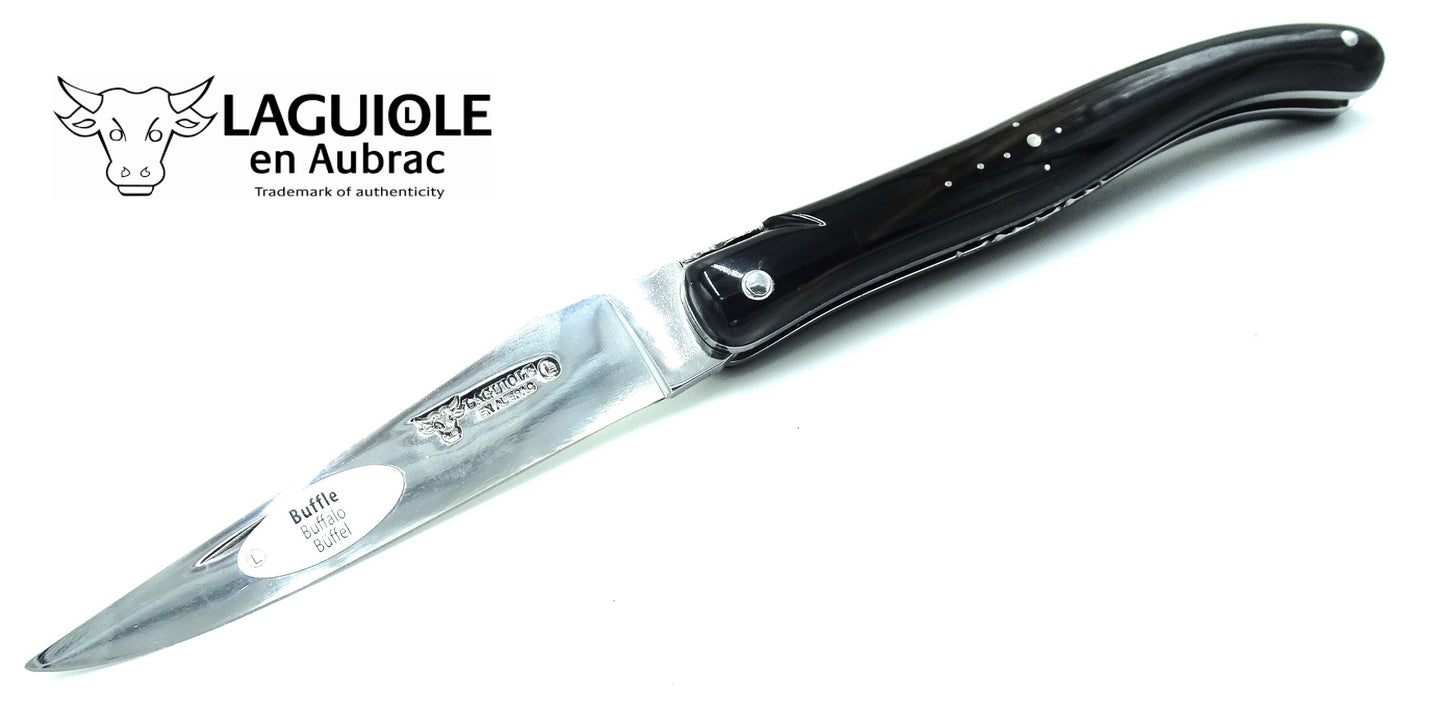 Laguiole Coltello 12 cm manico pieno punta corno doppia placcatura molla a spirale
