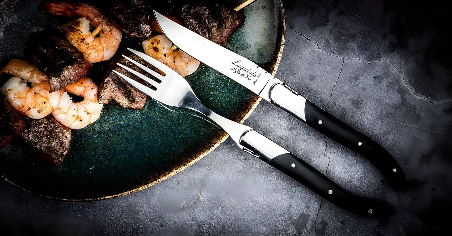 Laguiole Style Set 6 coltelli da bistecca "Luxury Line" i impugnatura in pakkawood nero lama cm 10,5
