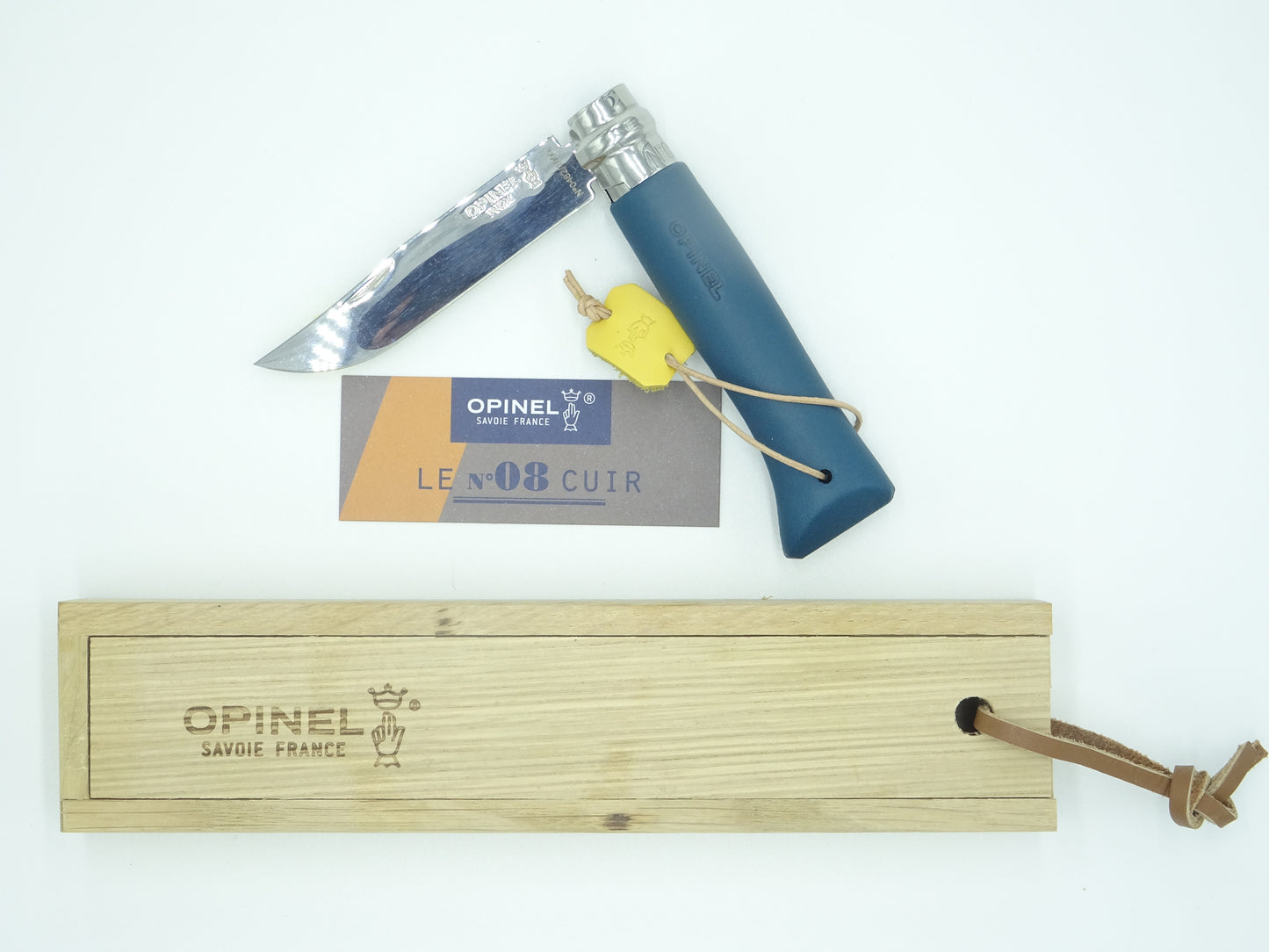 Opinel coltello N°8 "Cuir Bleu" manico cuoio blu creati 1000pz