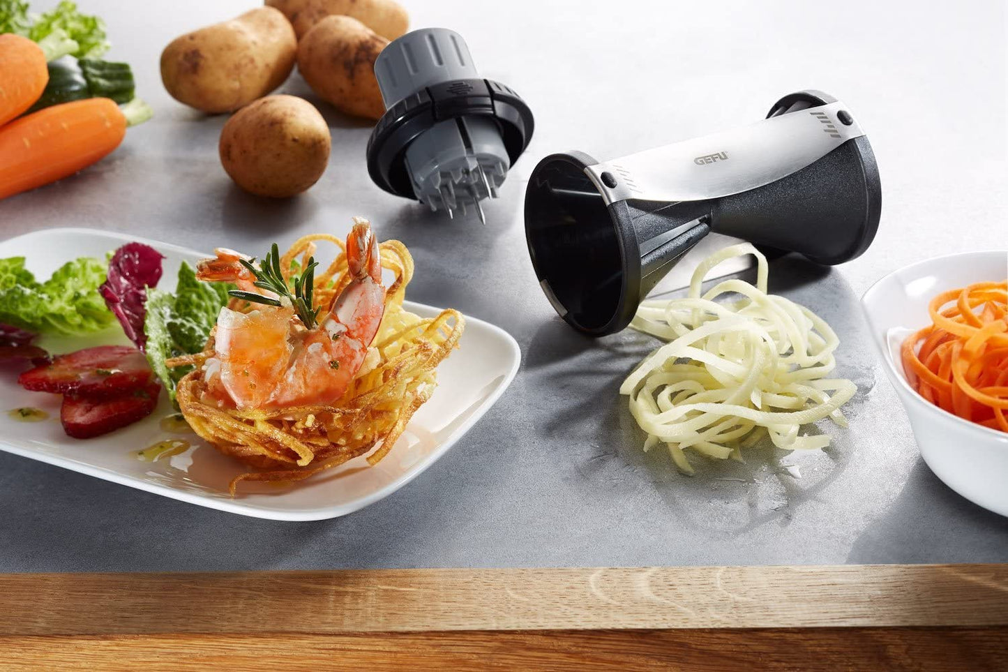 Gefu affettatrice spirale per vegetali + pelapatate e scovolino
