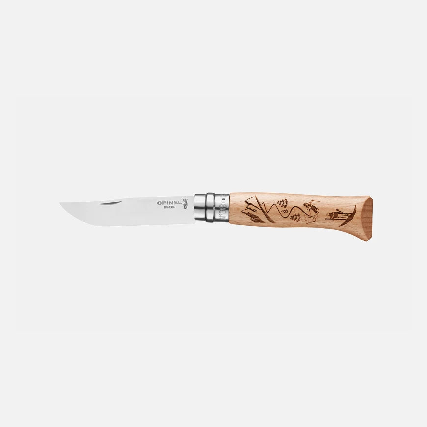 Opinel coltello N°08 manico con incisione che racconta lo Sci