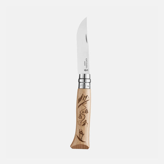 Opinel coltello N°08 manico con incisione che racconta lo Sci