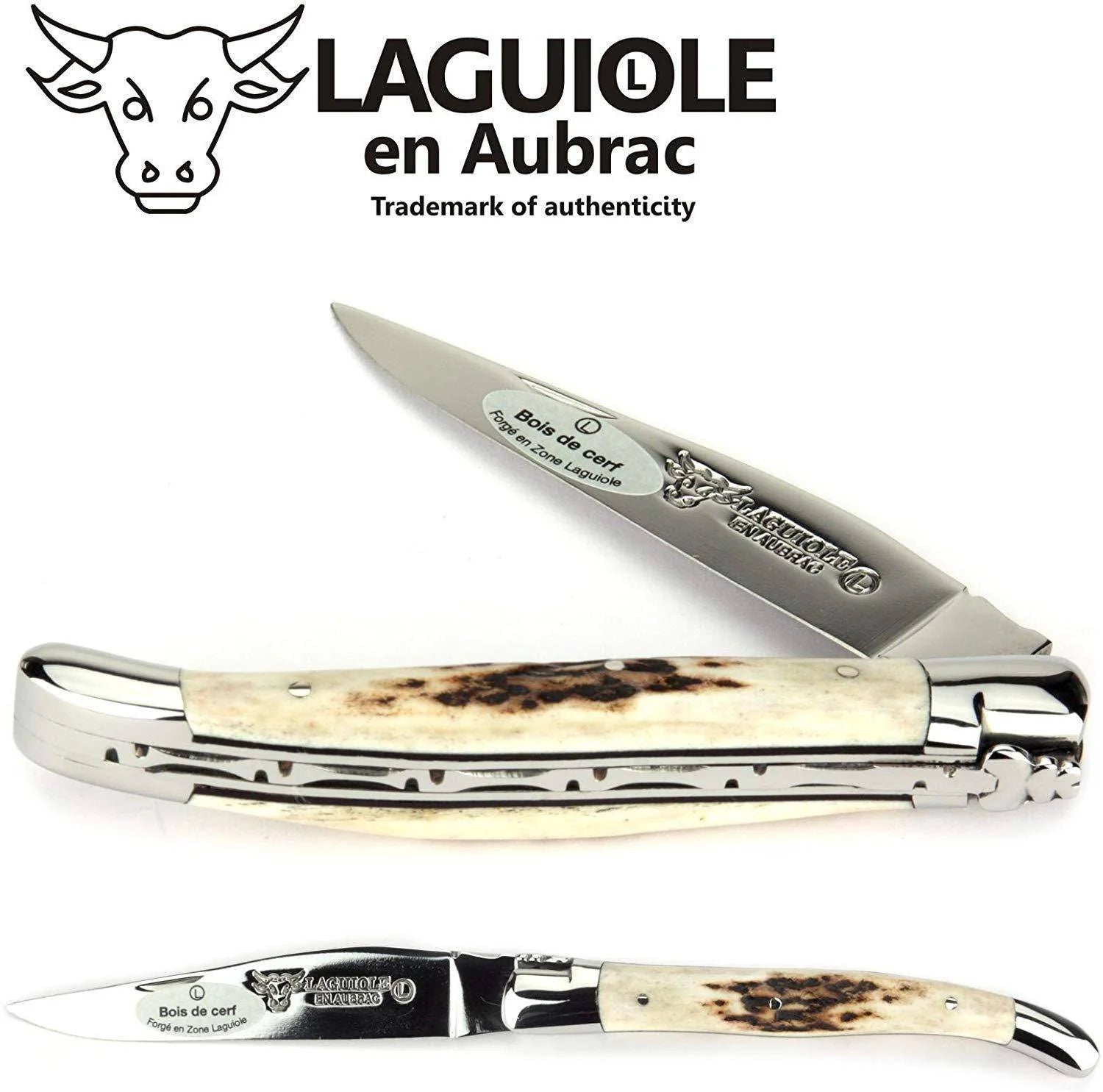 Laguiole en Aubrac coltello serramanico in corno di cervo lucido 12 cm L0212BCI/FSI1
