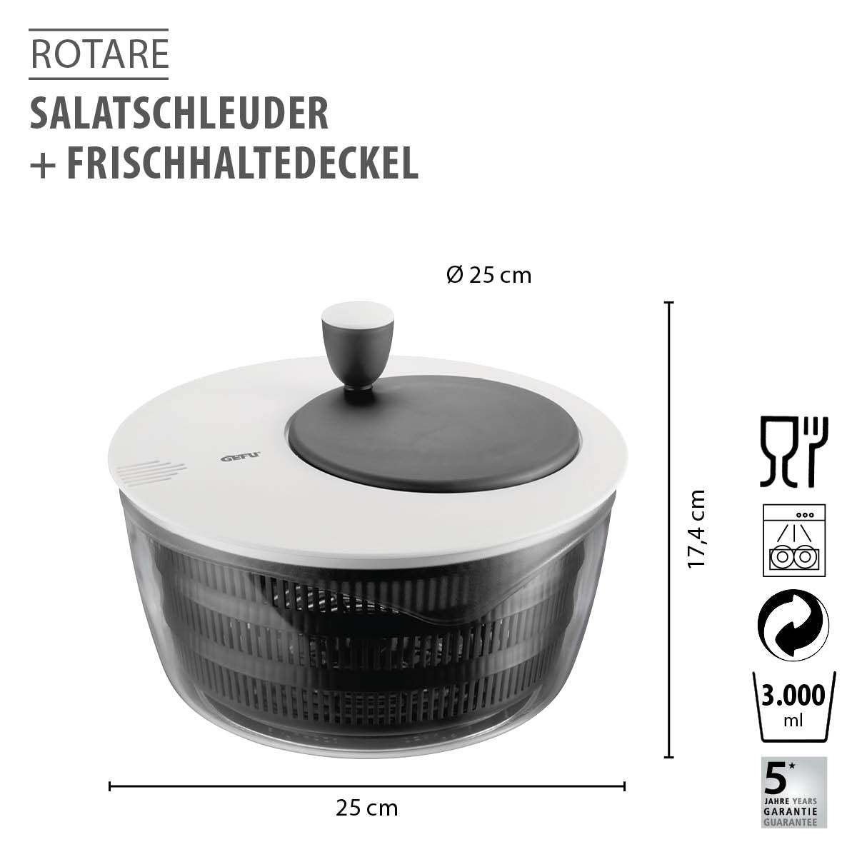 Gefu centrifuga ROTARE per insalata 3 L con coperchio salva freschezza 00182