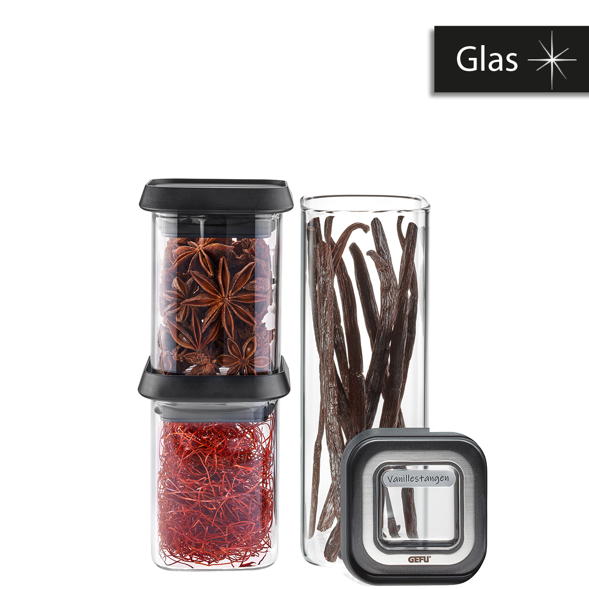 Gefu Set di tre barattoli in vetro borosilicato per dispensa con tappo trasparente ermetico impilabile PANTRY mini 12811