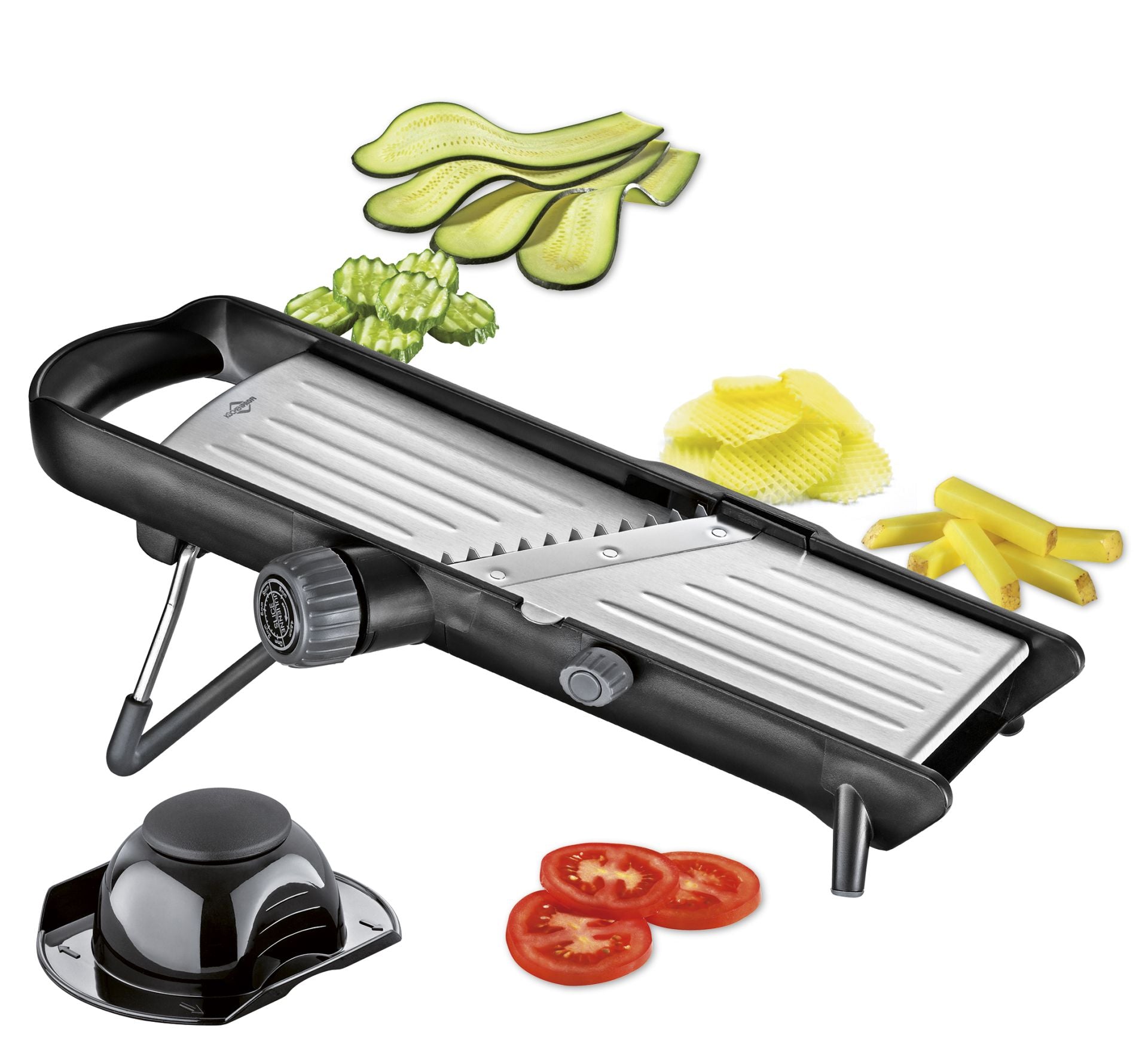 Kuchenprofi Affettaverdure mandolina "COMFORT" con fermaverdure e piedini antiscivolo pieghevoli cm 37x16 e paramano