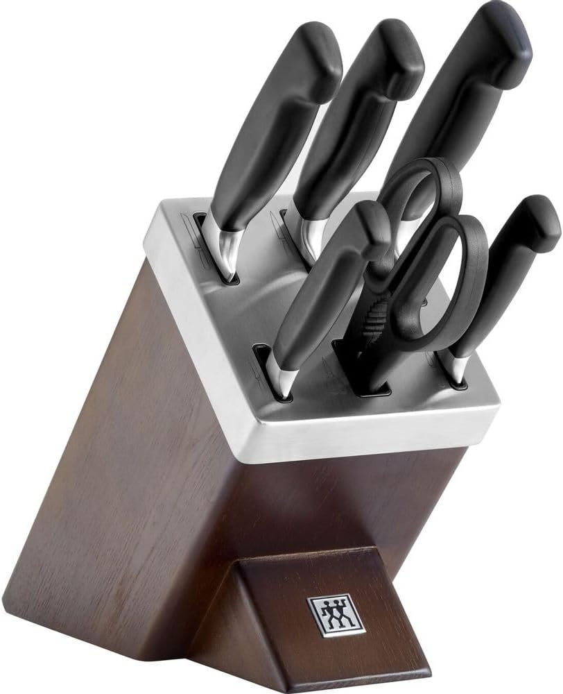ZWILLING set di 7 pezzi, ceppo marron autoaffilante con 5 coltelli e 1 forbice da cucina Twin quattro stelle