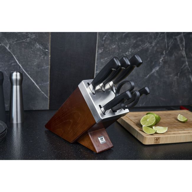 ZWILLING set di 7 pezzi, ceppo marron autoaffilante con 5 coltelli e 1 forbice da cucina Twin quattro stelle