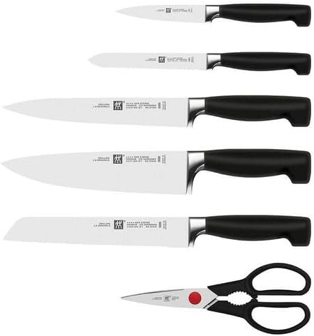 ZWILLING set di 7 pezzi, ceppo marron autoaffilante con 5 coltelli e 1 forbice da cucina Twin quattro stelle