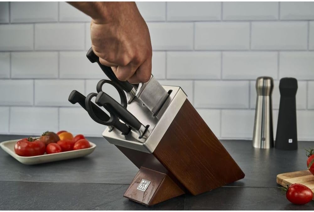 ZWILLING set di 7 pezzi, ceppo marron autoaffilante con 5 coltelli e 1 forbice da cucina Twin quattro stelle