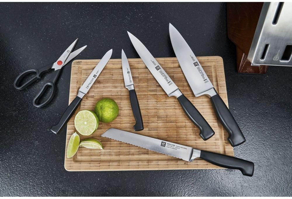 ZWILLING set di 7 pezzi, ceppo marron autoaffilante con 5 coltelli e 1 forbice da cucina Twin quattro stelle