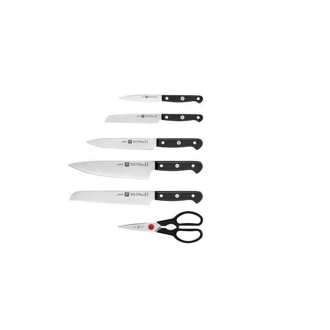 Zwilling Gourmet set di 7 pezzi, ceppo grgio autoaffilante con 5 coltelli e 1 forbice da cucina
