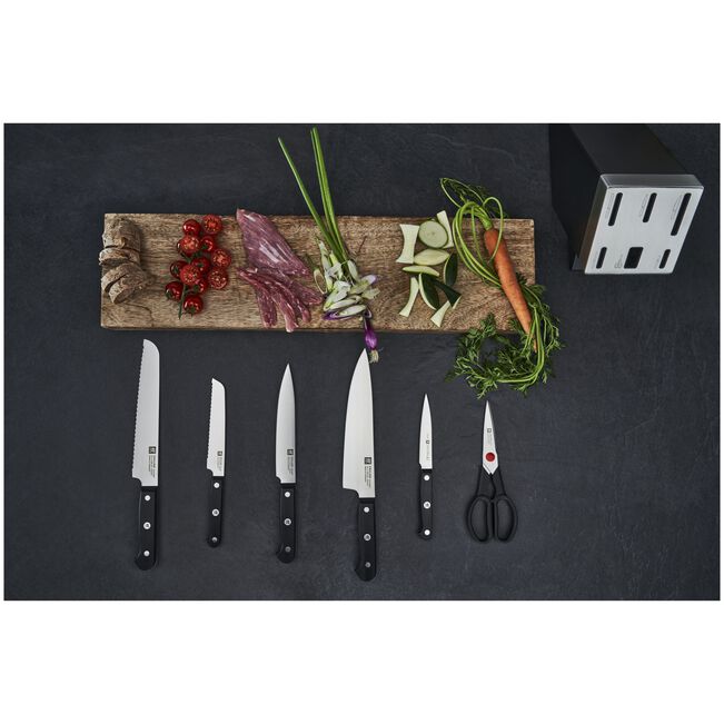 Zwilling Gourmet set di 7 pezzi, ceppo grgio autoaffilante con 5 coltelli e 1 forbice da cucina