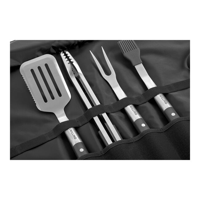 Zwilling Set barbecue professionale con 5 utensili per grill, spatola, pinze, forchetta per carne, spazzola e custodia.