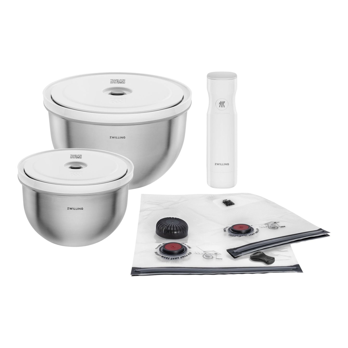 Zwilling Fresh & Save BOWLS Starterset, pompa sottovuoto, 2 ciotole in acciaio inox / M/L bianco-acciaio, buste per sottovuoto, 9 pezzi. 1031015