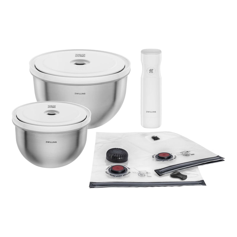 Zwilling Fresh & Save BOWLS Starterset – 9 Pezzi con Pompa Sottovuoto, 2 Ciotole Inox M/L + Buste, Bianco-Acciaio, Art. 1031015