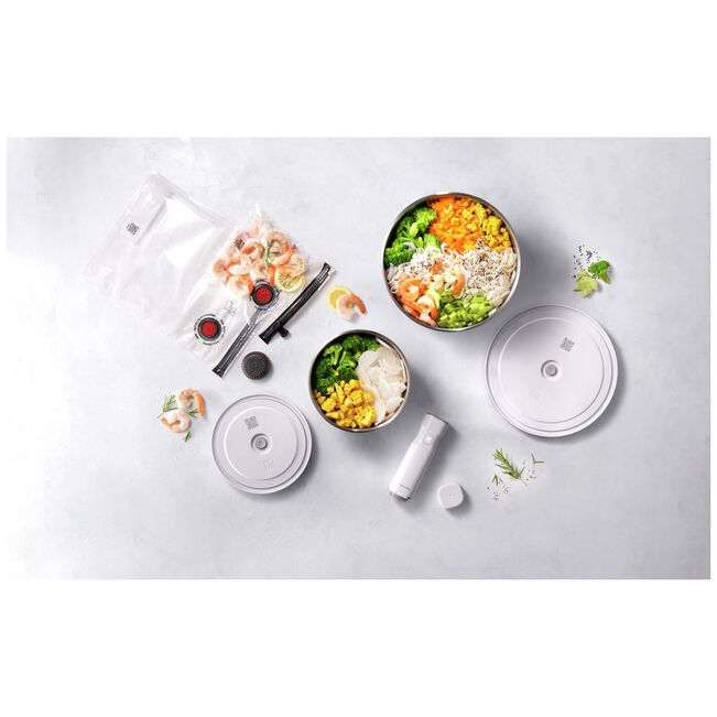 Zwilling Fresh & Save BOWLS Starterset, pompa sottovuoto, 2 ciotole in acciaio inox / M/L bianco-acciaio, buste per sottovuoto, 9 pezzi. 1031015
