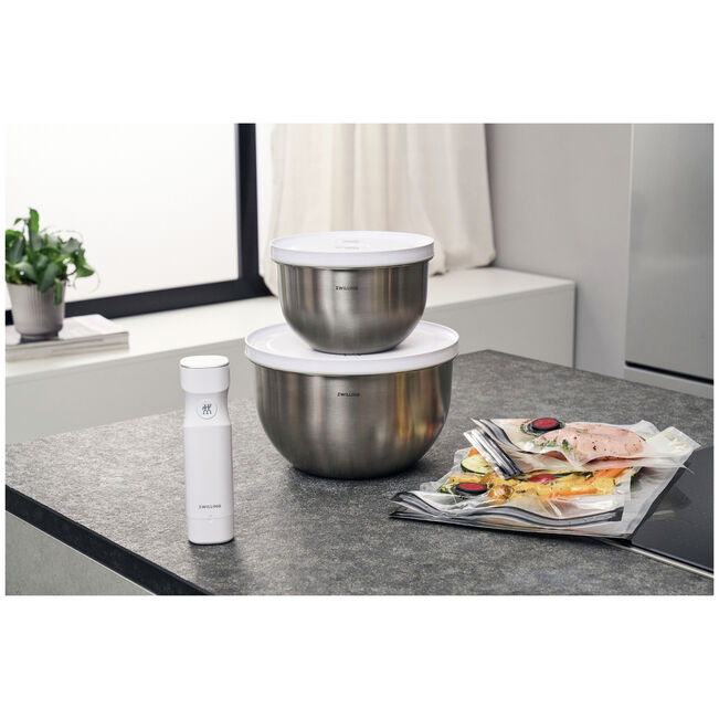 Zwilling Fresh & Save BOWLS Starterset, pompa sottovuoto, 2 ciotole in acciaio inox / M/L bianco-acciaio, buste per sottovuoto, 9 pezzi. 1031015