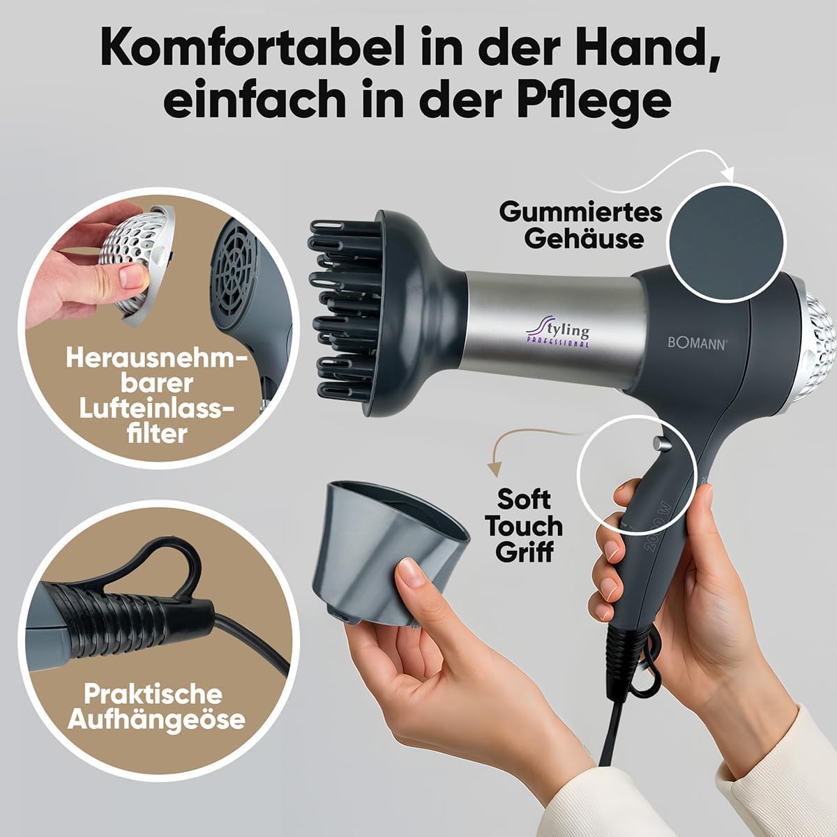 Bomann asciugacapelli professionale 2000W con diffusore HTD889CB