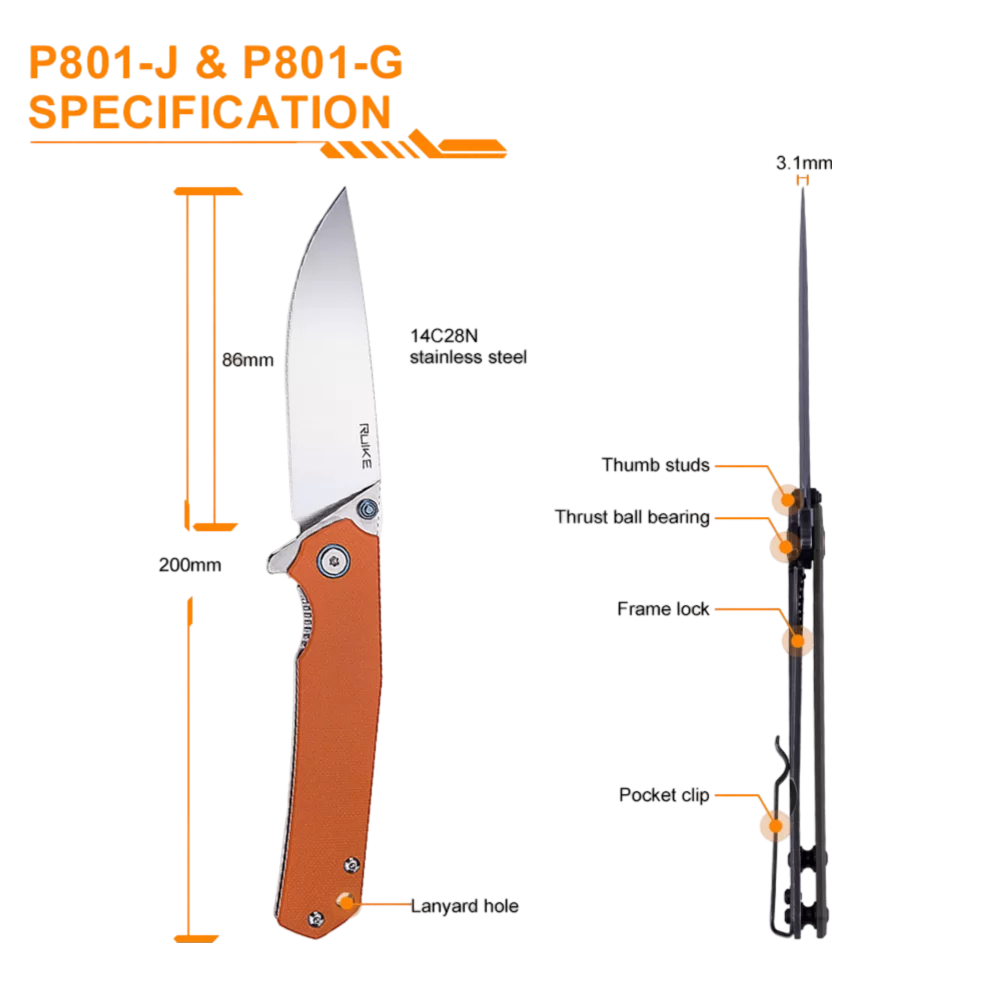 RUIKE P801J Coltello serramanico con blocco lama Manici G10 arancione