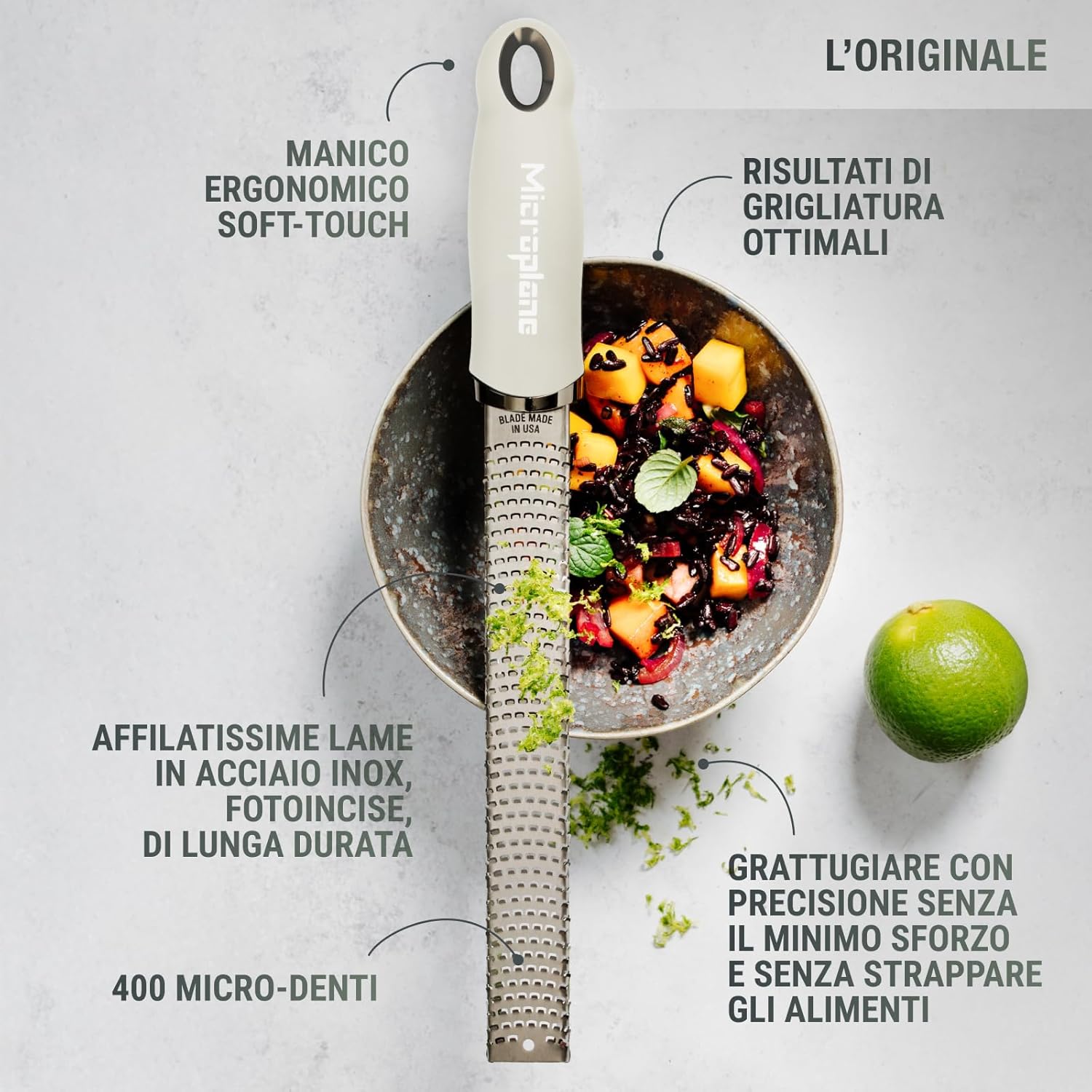 Microplane grattugia zester avorio adatta per scorze d'agrumi, formaggi duri, zenzero, cioccolata, spezie 46323E