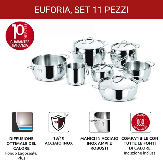 Lagostina Euforia Set di Pentole Induzione, Gas e Forno in Acciaio Inox 18/10, 11 Pezzi, Fondo Lagoseal Plus, Batteria di Pentole con 4 Casseruole, 2 Pentole, Bollilatte, 4 Coperchi