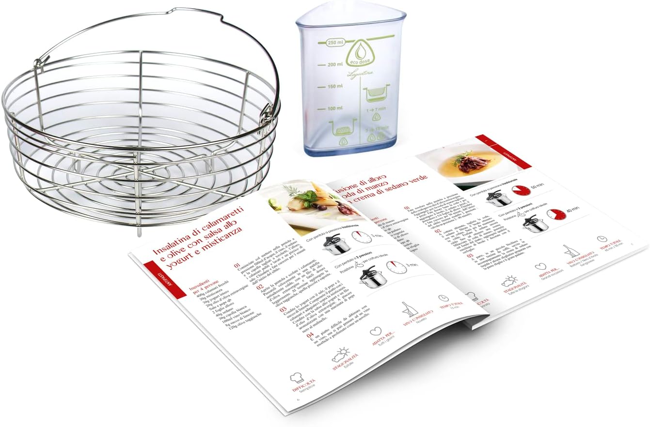 Lagostina Pentola a Pressione La Classica Lagofusion, Pentola a Pressione Ø 24 cm, Capacità 9L, con Ricettario ed Ecodose, Cestello