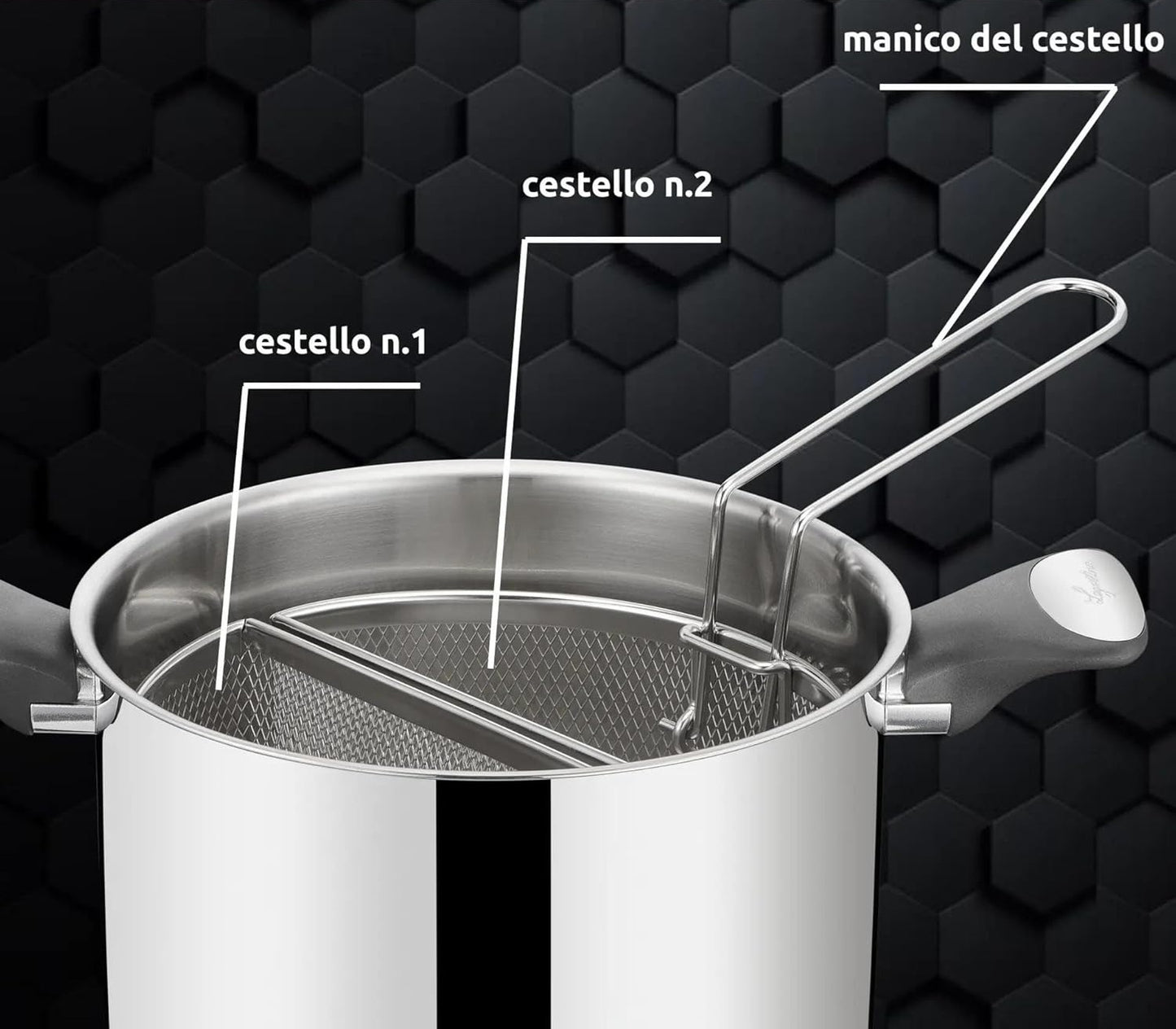 Lagostina pentola Pastaiola Unlimited 22 cm inox 18/10 con 2 Cestelli scola pasta e Coperchio Induzione, Gas