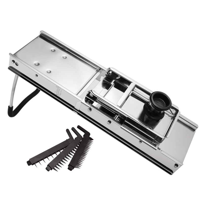 Mandolina in acciaio inox con paramano professionale affettare, julienne, strisce, rondelle 3 lame intercambiabili per julienne