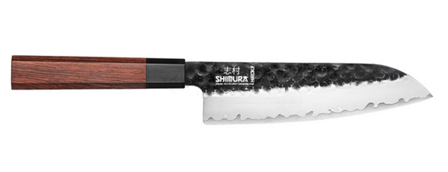 Shimura HIROKI coltello Santoku damascato martellato tre starti 7,5"/19 cm