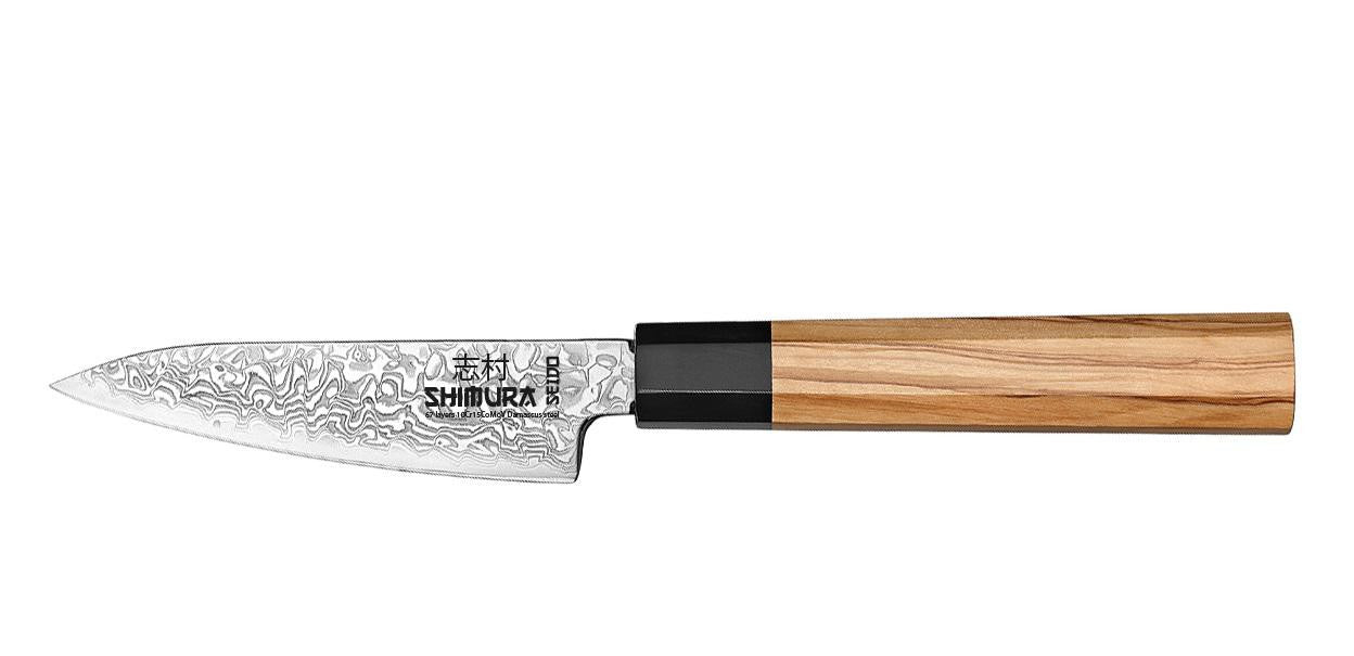 Shimura Pro Seido Miyuki Spelucchino damascato 67 strati impugnatura legno di ulivo 4"/10 cm