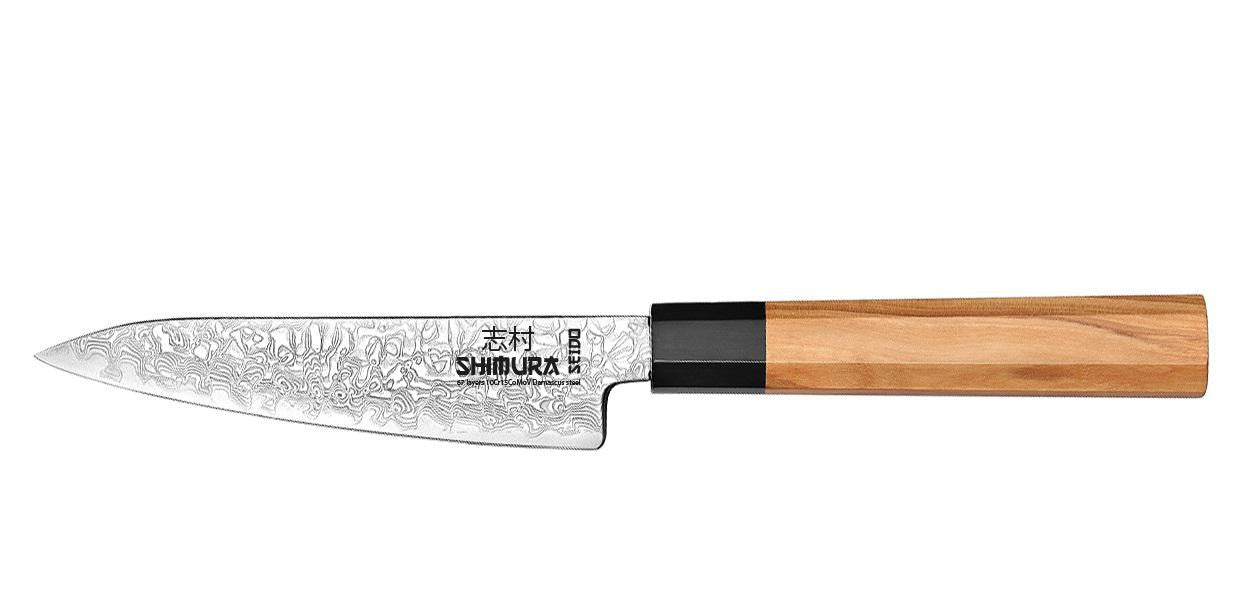 Shimura Pro Seido Miyuki coltello Utility damascato 67 strati impugnatura legno di ulivo 5,5"/14 cm