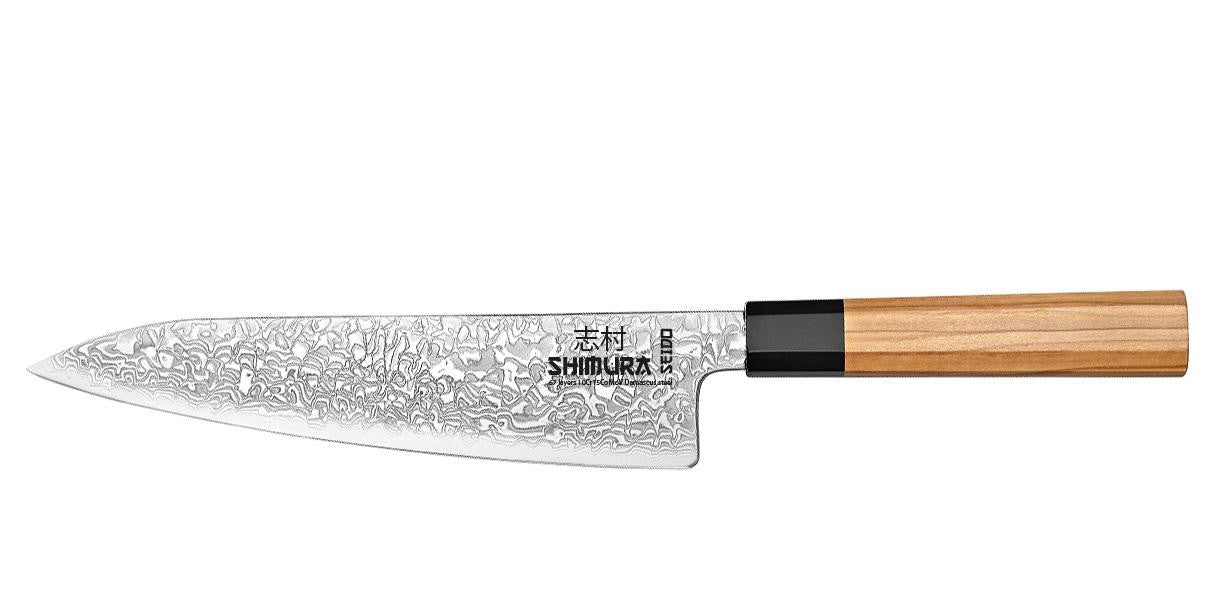 Shimura Pro Seido Miyuki coltello da cuoco Chef damascato 67 strati impugnatura legno di ulivo 8,5"/22 cm