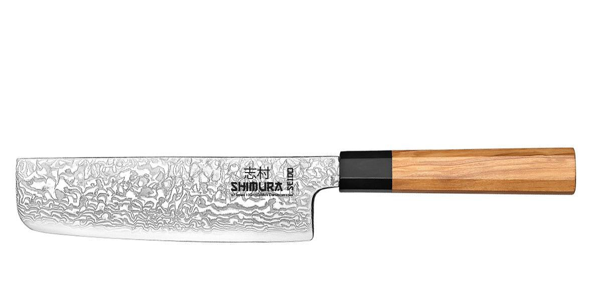 Shimura Pro Seido Miyuki coltello Nakiri damascato 67 strati impugnatura legno di ulivo 7"/18 cm