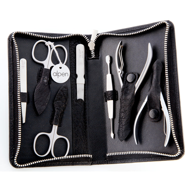 Alpen set manicure da 7 pezzi inox astuccio in pelle nero 6825R