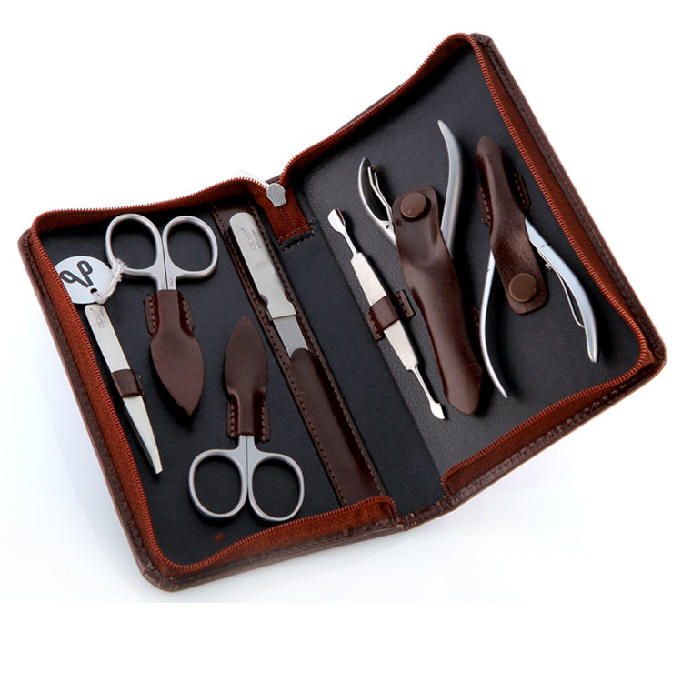 Alpen set manicure da 7 pezzi inox astuccio in pelle marrone 6825R