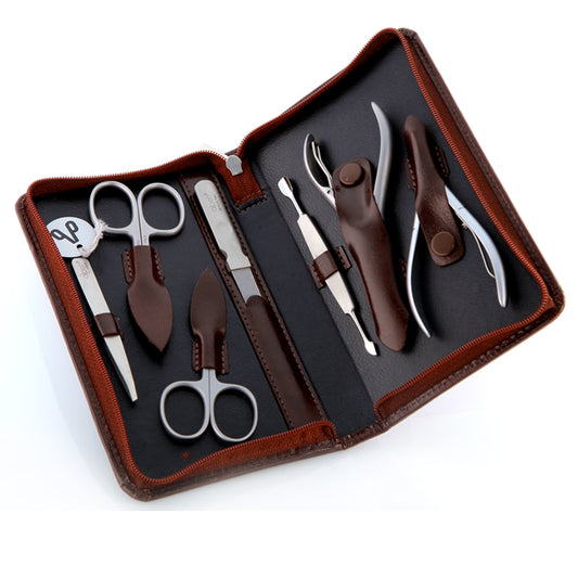 Alpen set manicure da 7 pezzi inox astuccio in pelle marrone 6825R